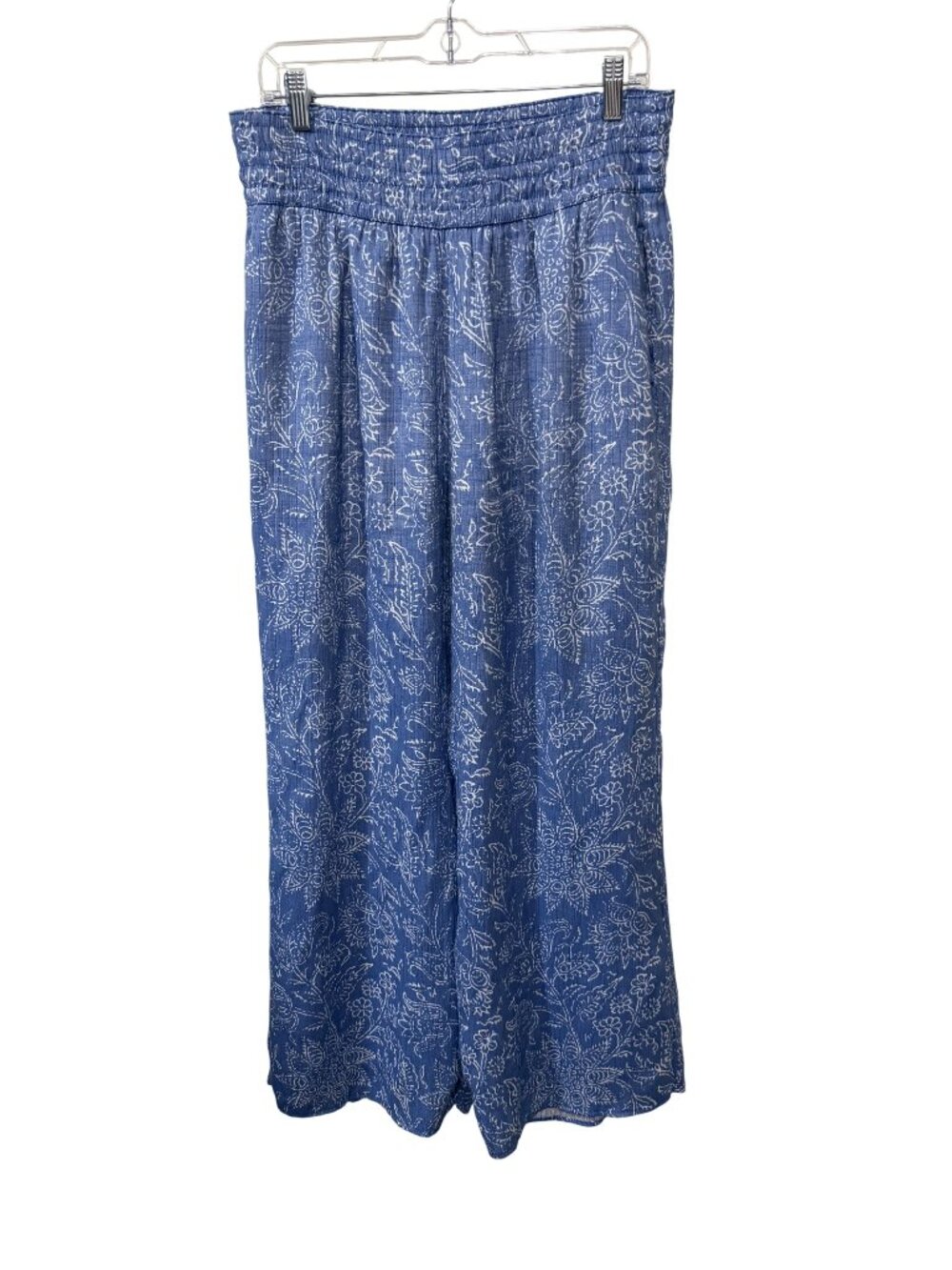 Floral Wide-Leg Pants Blue White Print Smocked Waist Womens Plus Size 1X